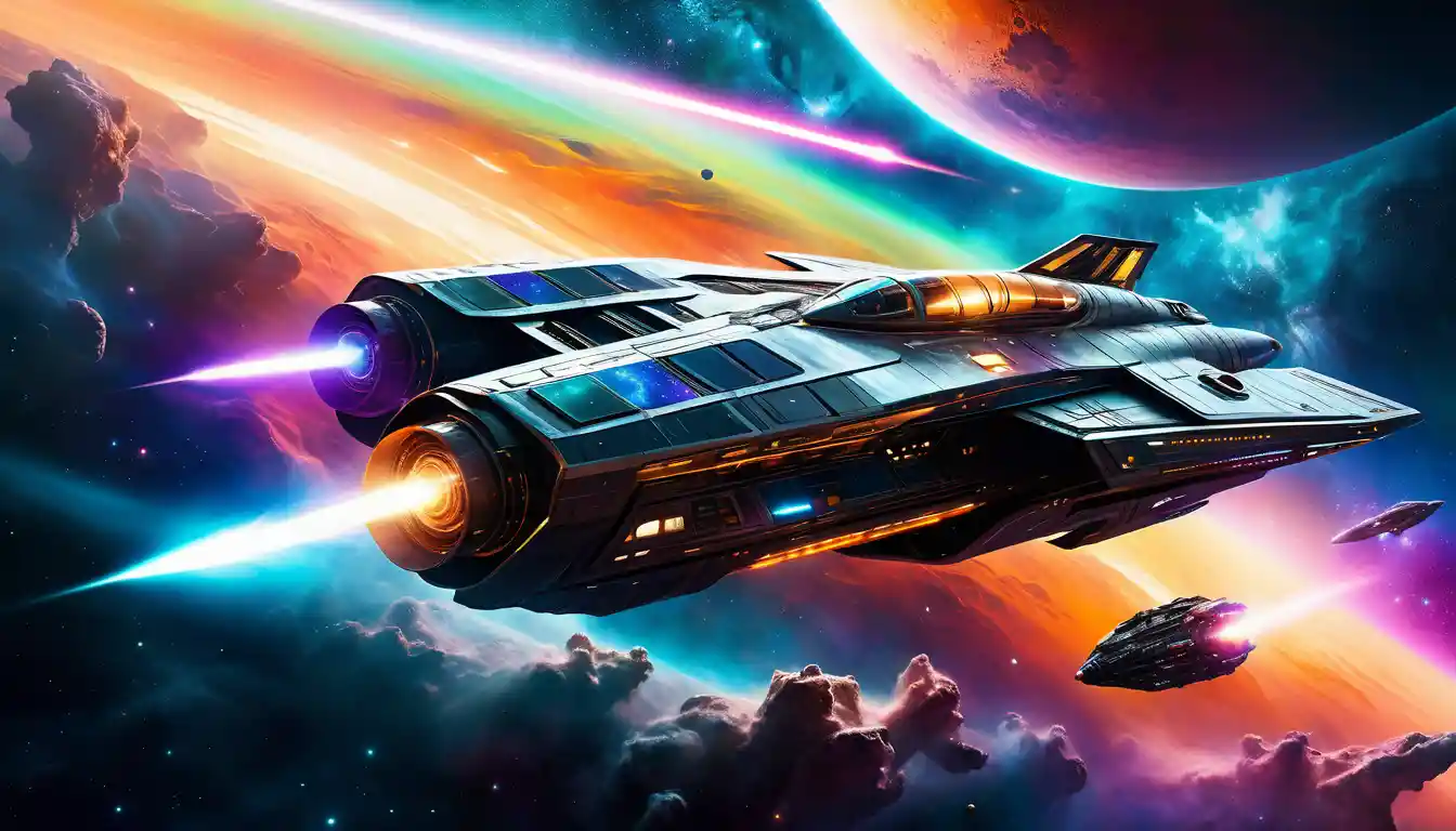 Futuristic spaceship gliding through a colorful cosmic nebula