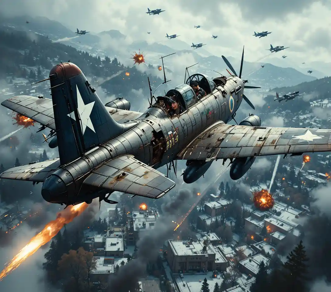 Damaged warplane in combat over snowy winter landscape