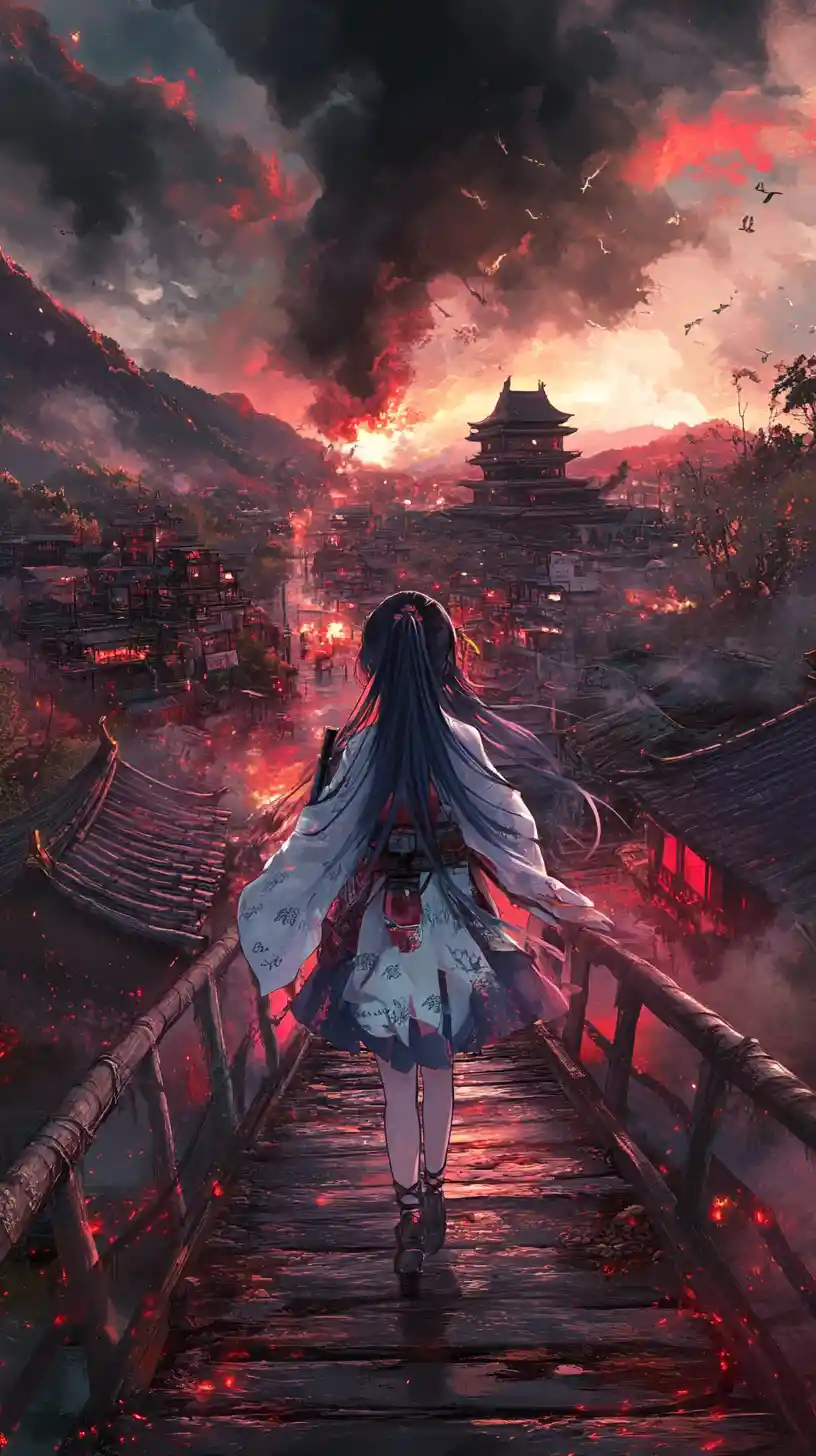 Anime girl with rifle crossing a wooden bridge in war zone