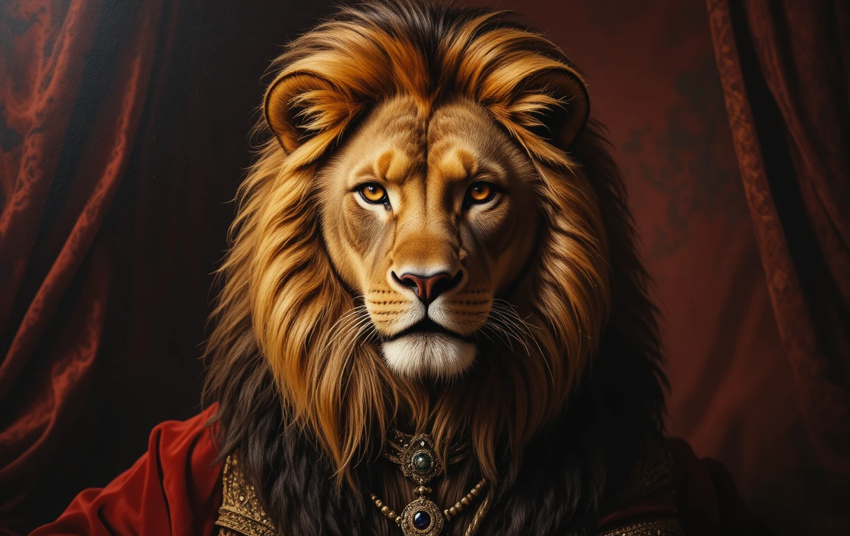 Majestic Lion Portrait In Rich Baroque Velvet Setting
