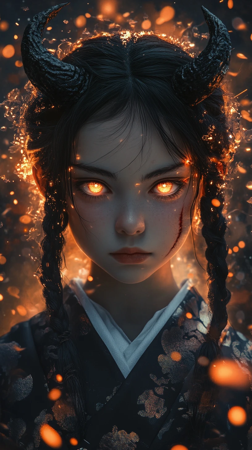 Horned girl in dark kimono with glowing ember eyes