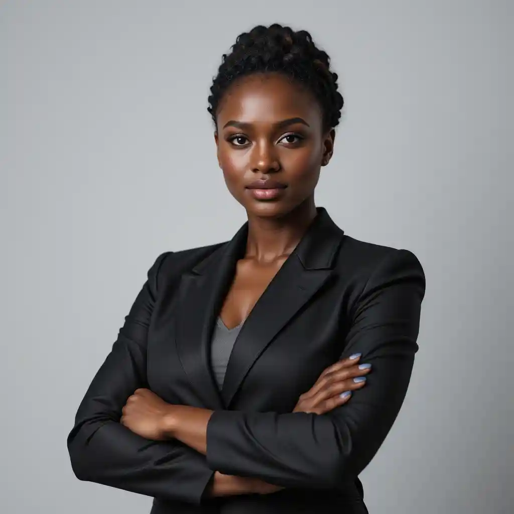 Confident Nigerian woman in black blazer with folded arms