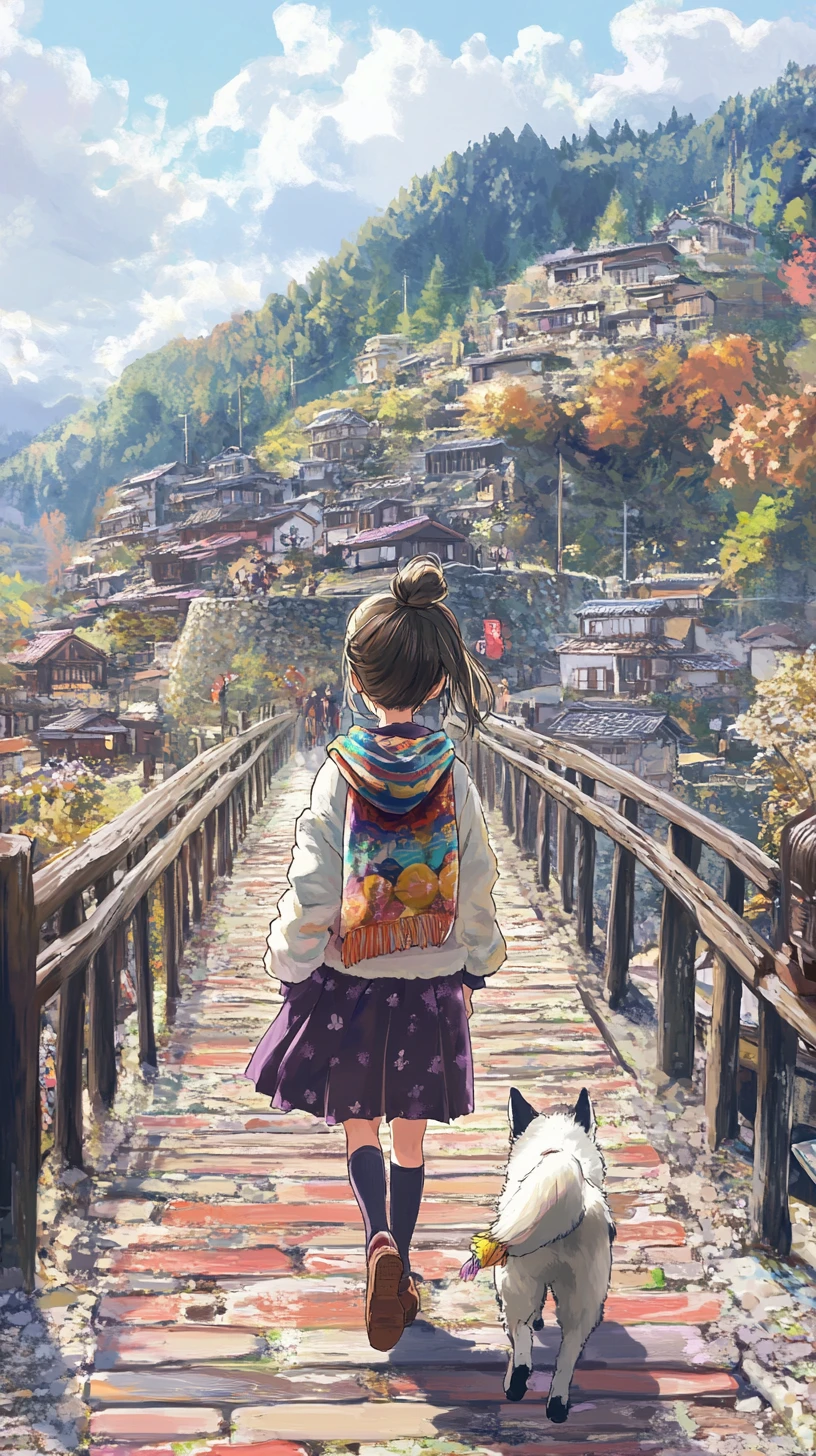 Chica de anime caminando con un perro sobre un puente de madera