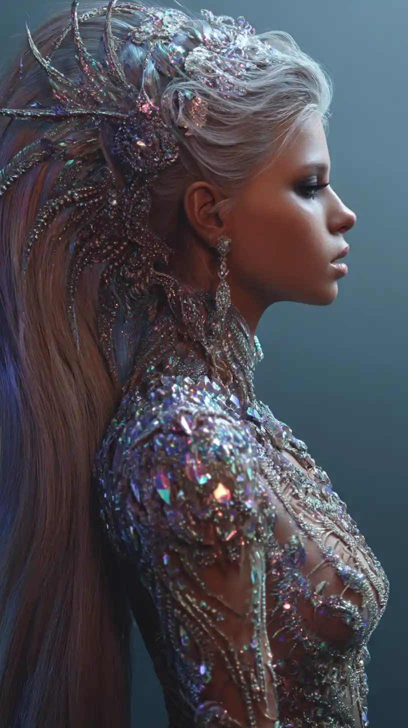 Glamorous femme fatale in platinum couture and diamond light
