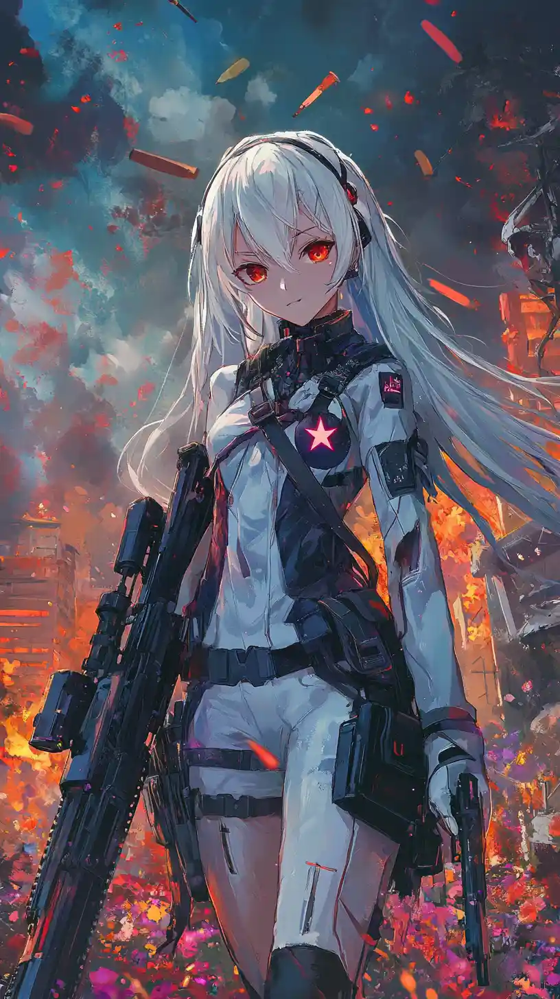 Anime girl on crystal battlefield with explosions
