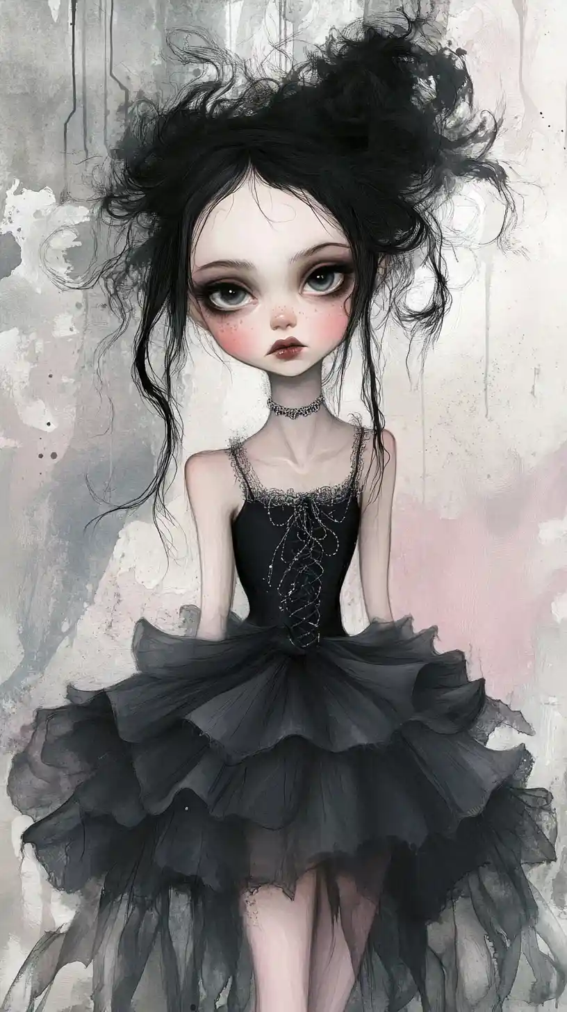 Gothic girl in black tulle against dreamy watercolor background