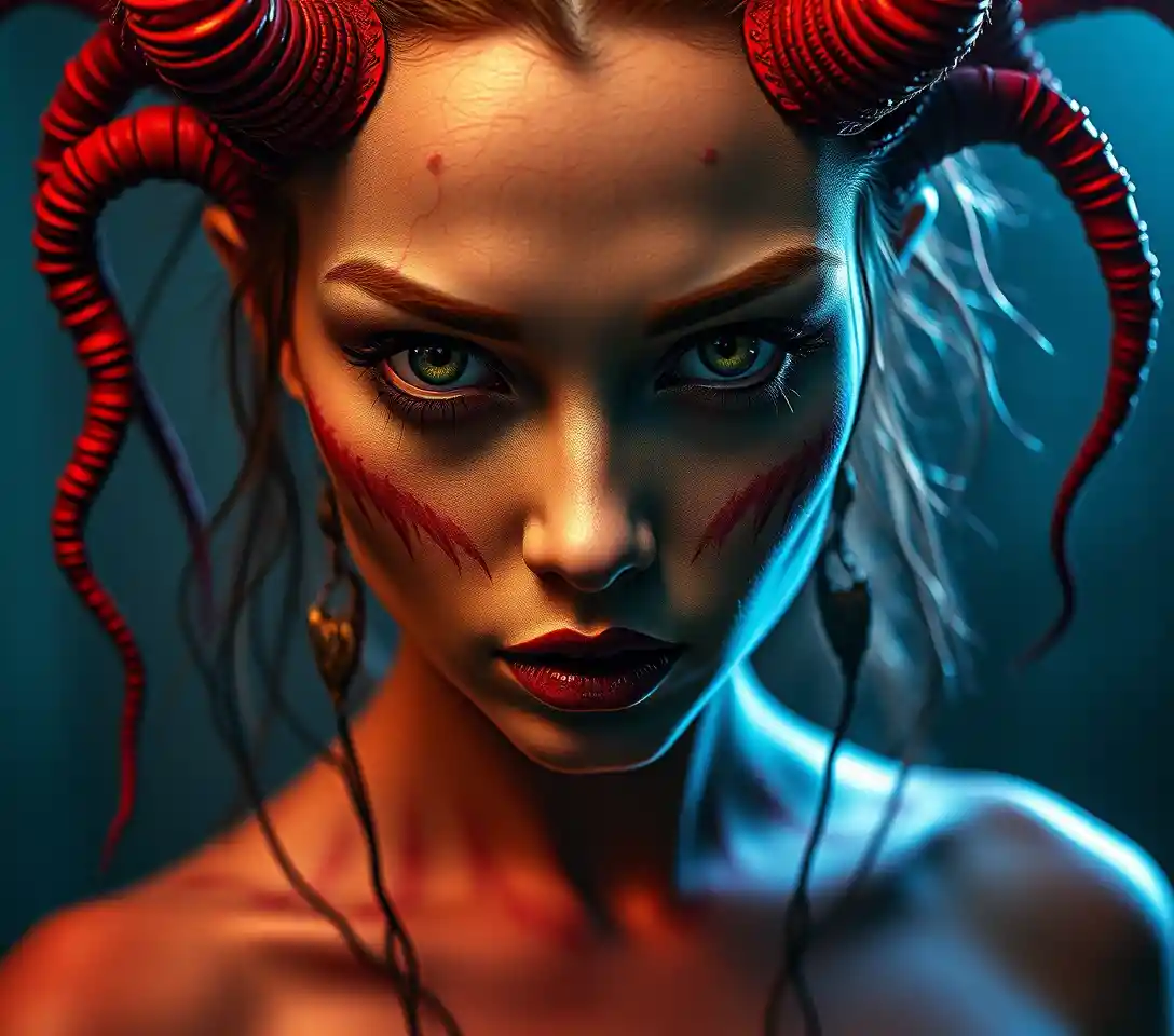 Surreal chaotic woman with eerie sensual expression