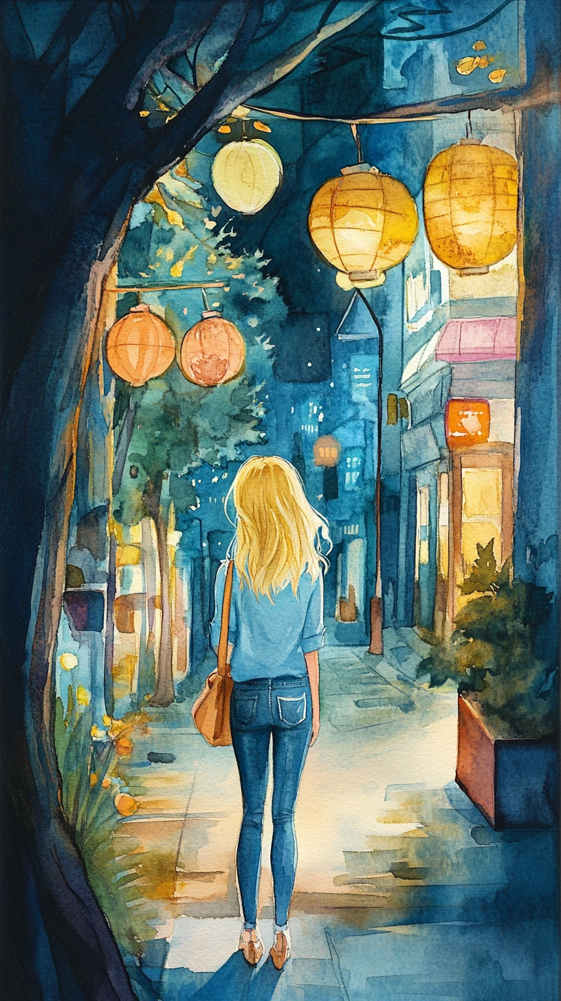 夜の街角に立つ金髪の若い女性のイラスト