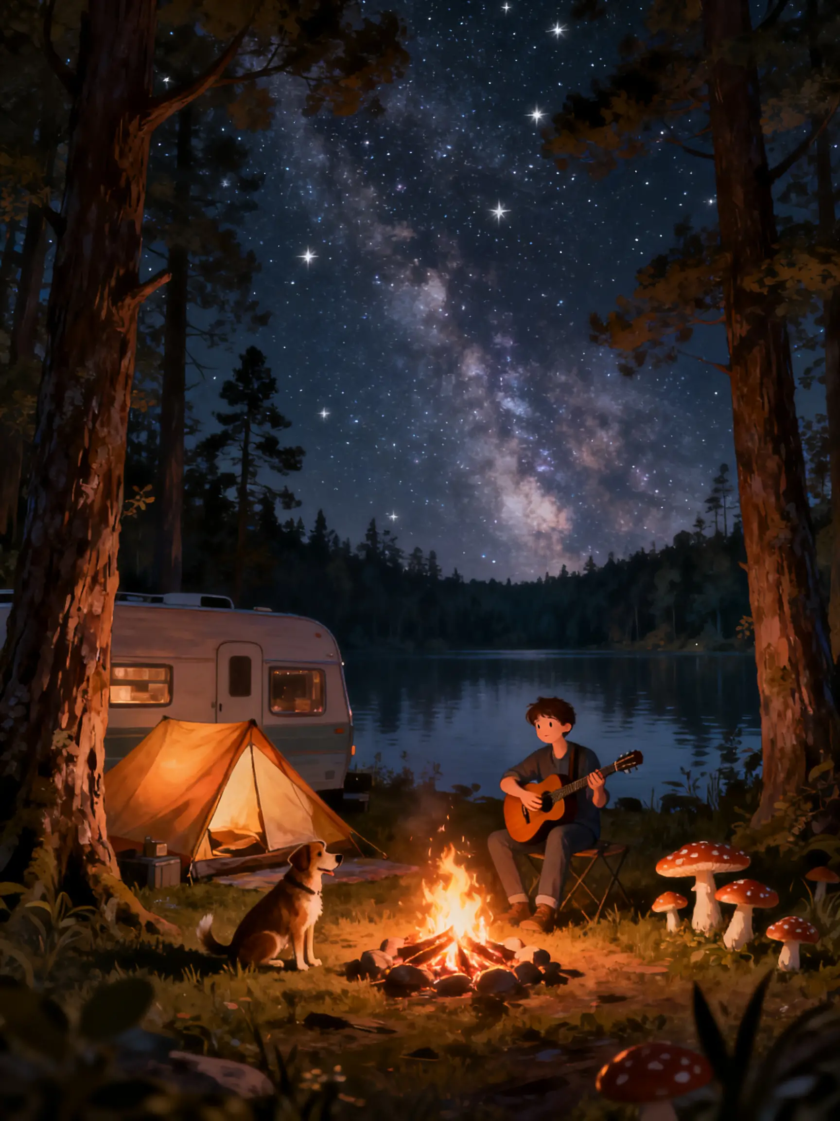 Night forest camping by a lake under the stars