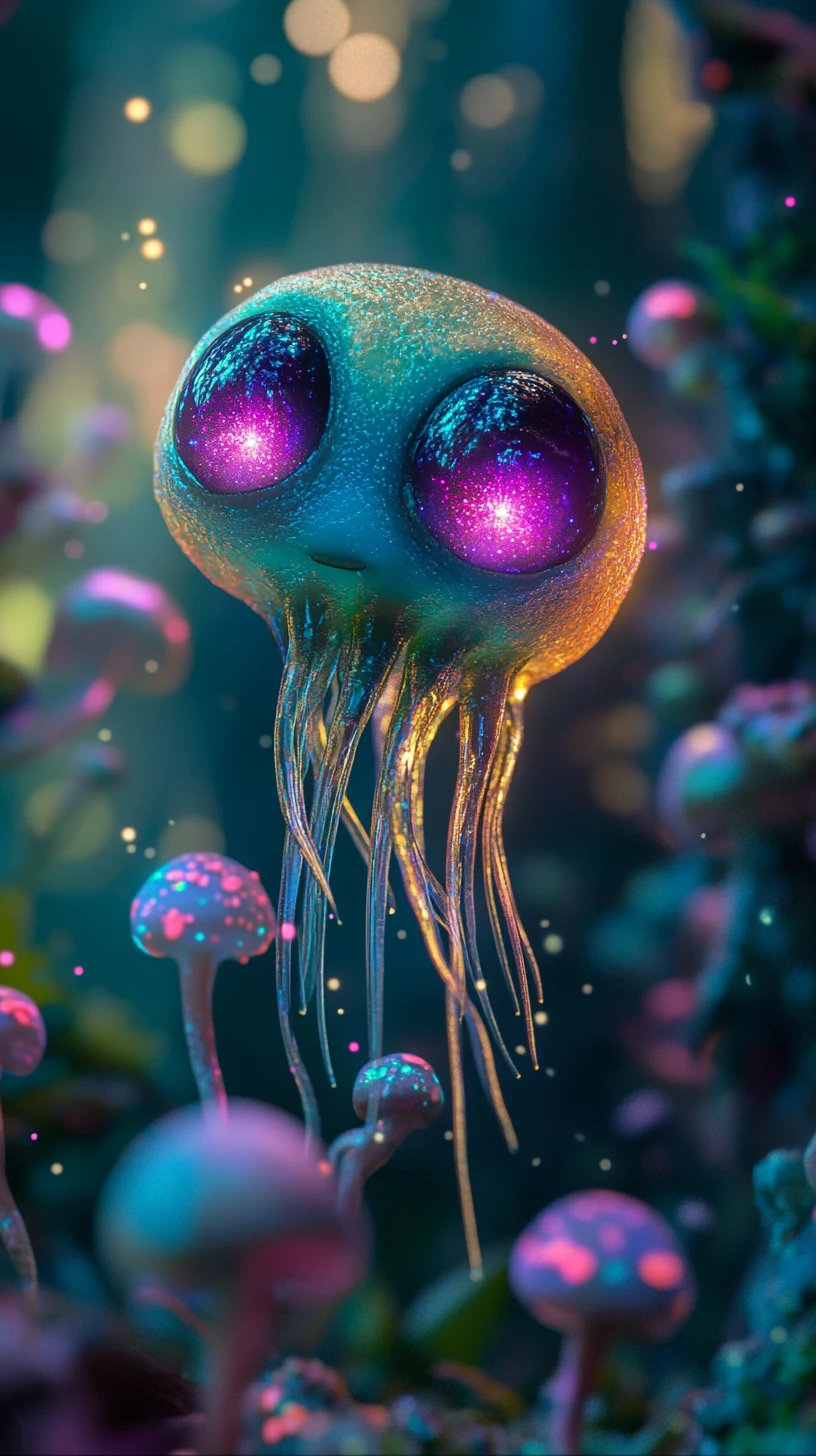 Small Bioluminescent Alien In A Dreamy Forest Glow