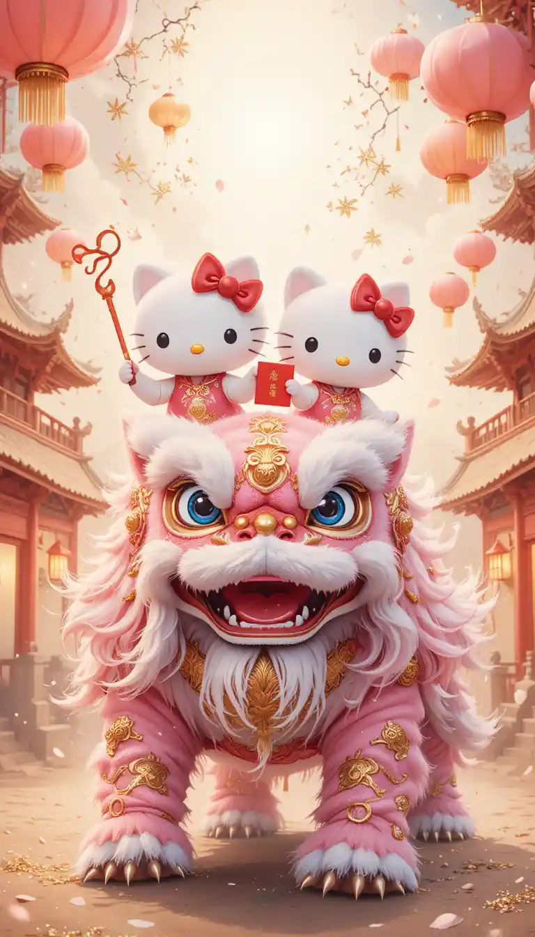 可愛卡通小貓騎著粉紅舞獅服