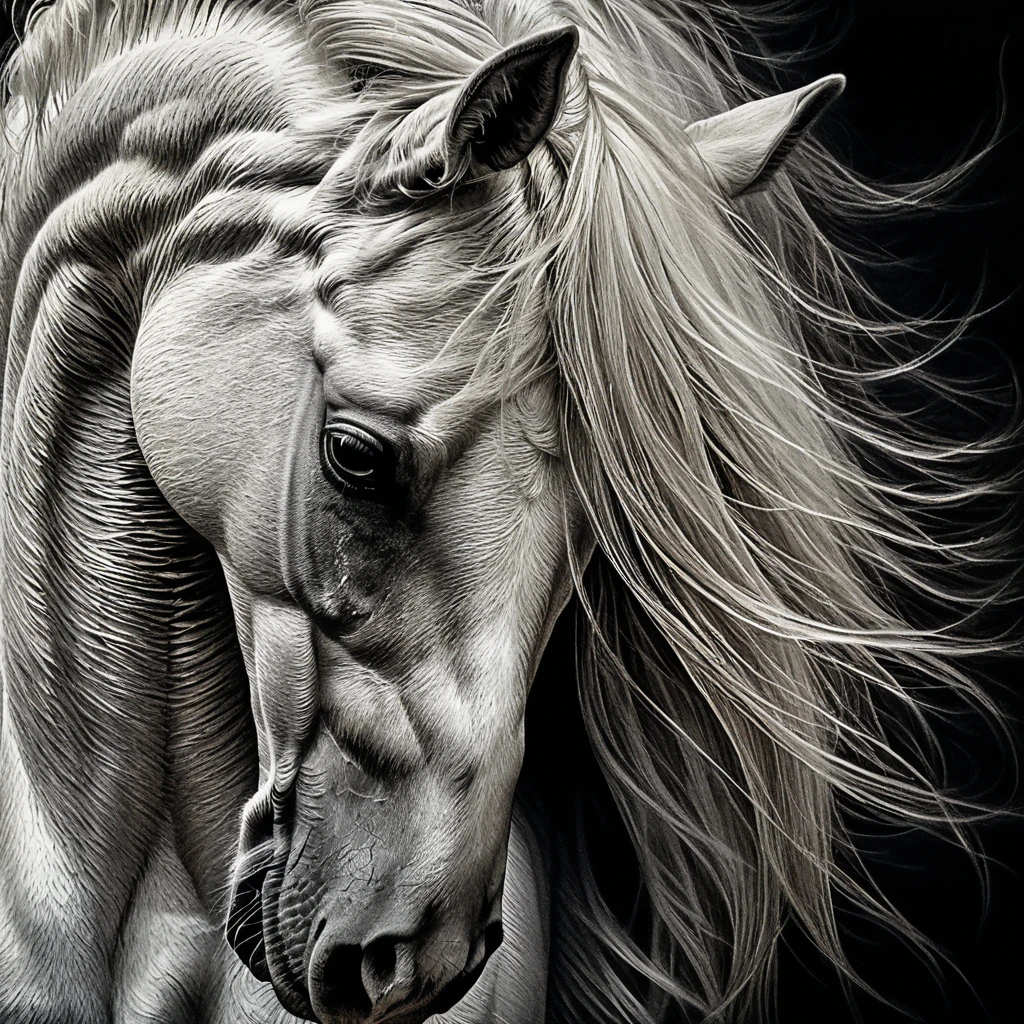 White arabian horse close up in dramatic scratchboard portrait