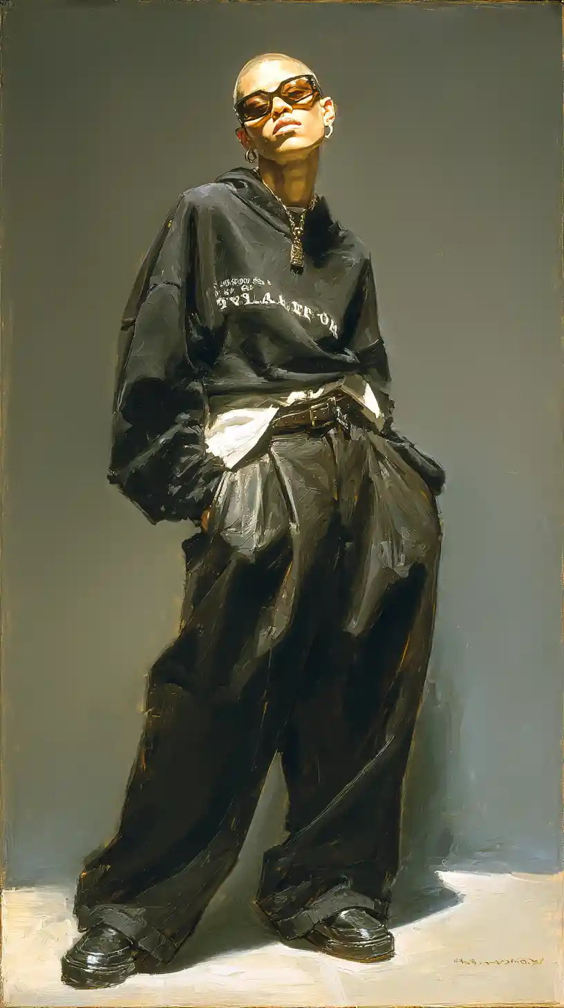 Young man in black streetwear with looming smoke demon