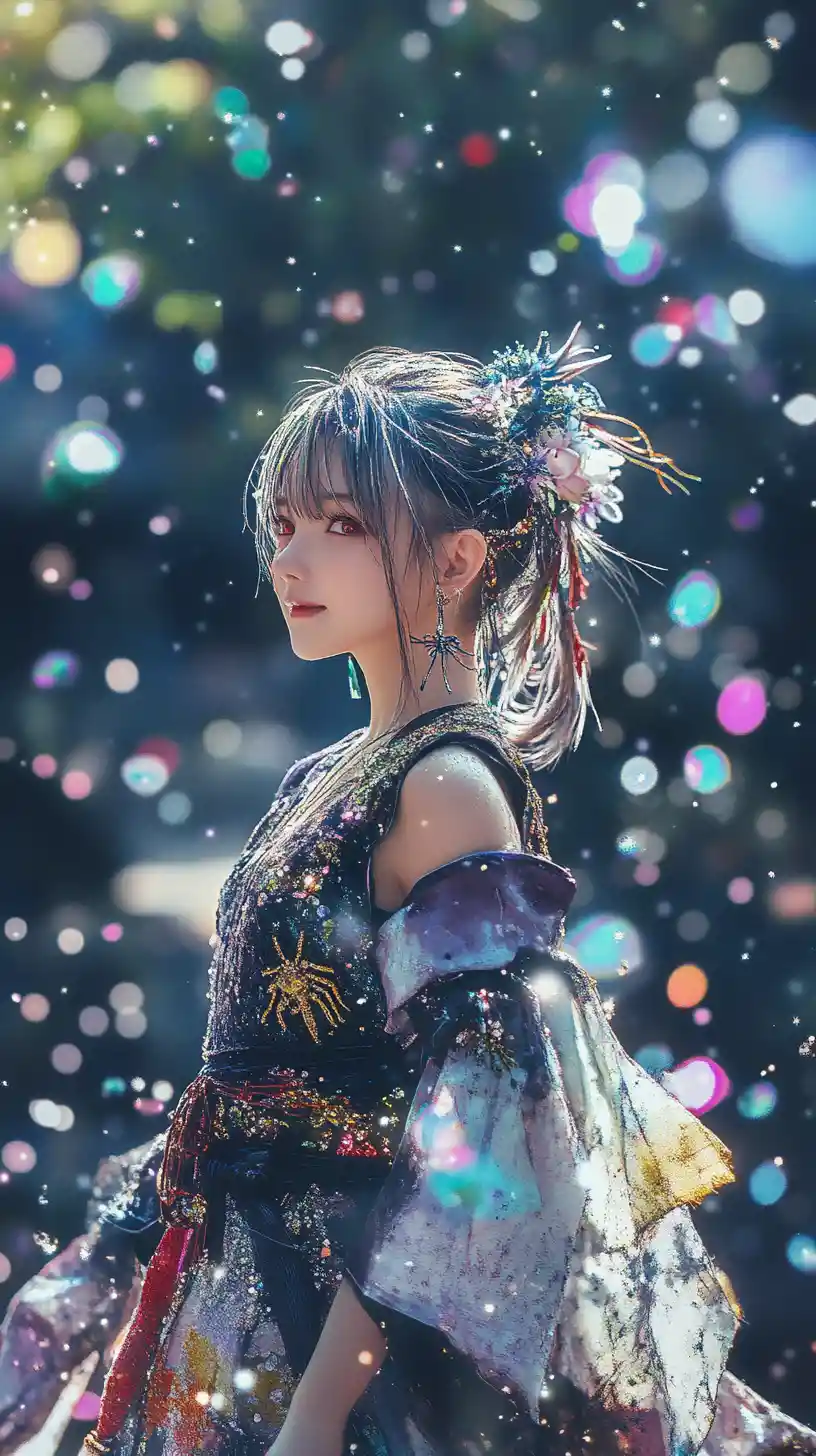Anime girl walking through a crystal flower fantasy field
