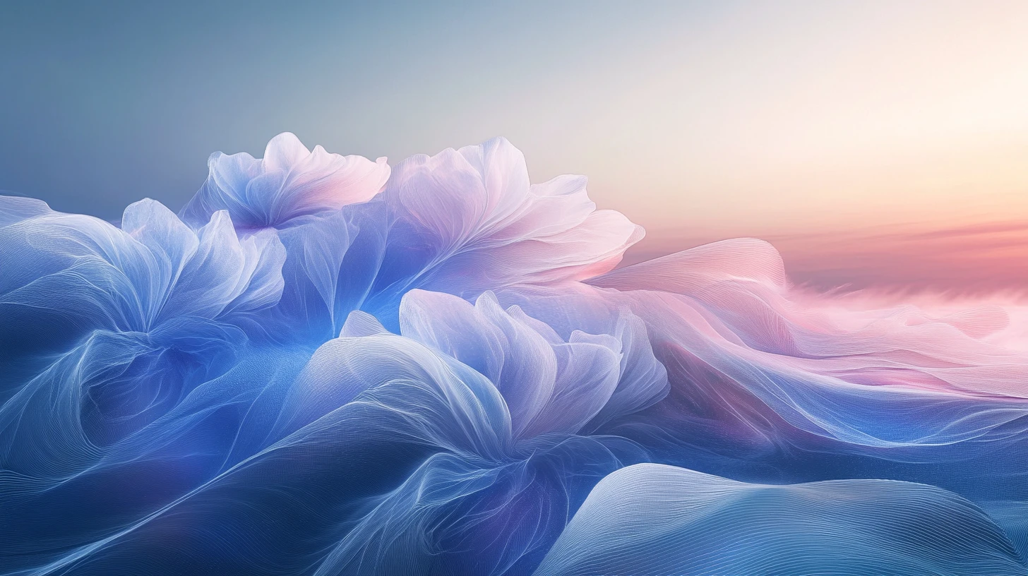Surreal digital ocean of translucent petal like wave forms