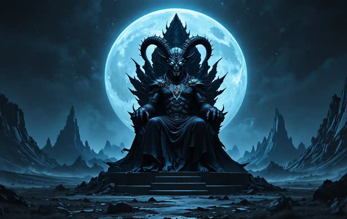Capricorn overlord on a throne in a desolate alien realm