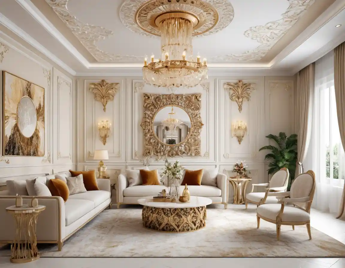 Elegant bohemian style living room in creamy beige tones