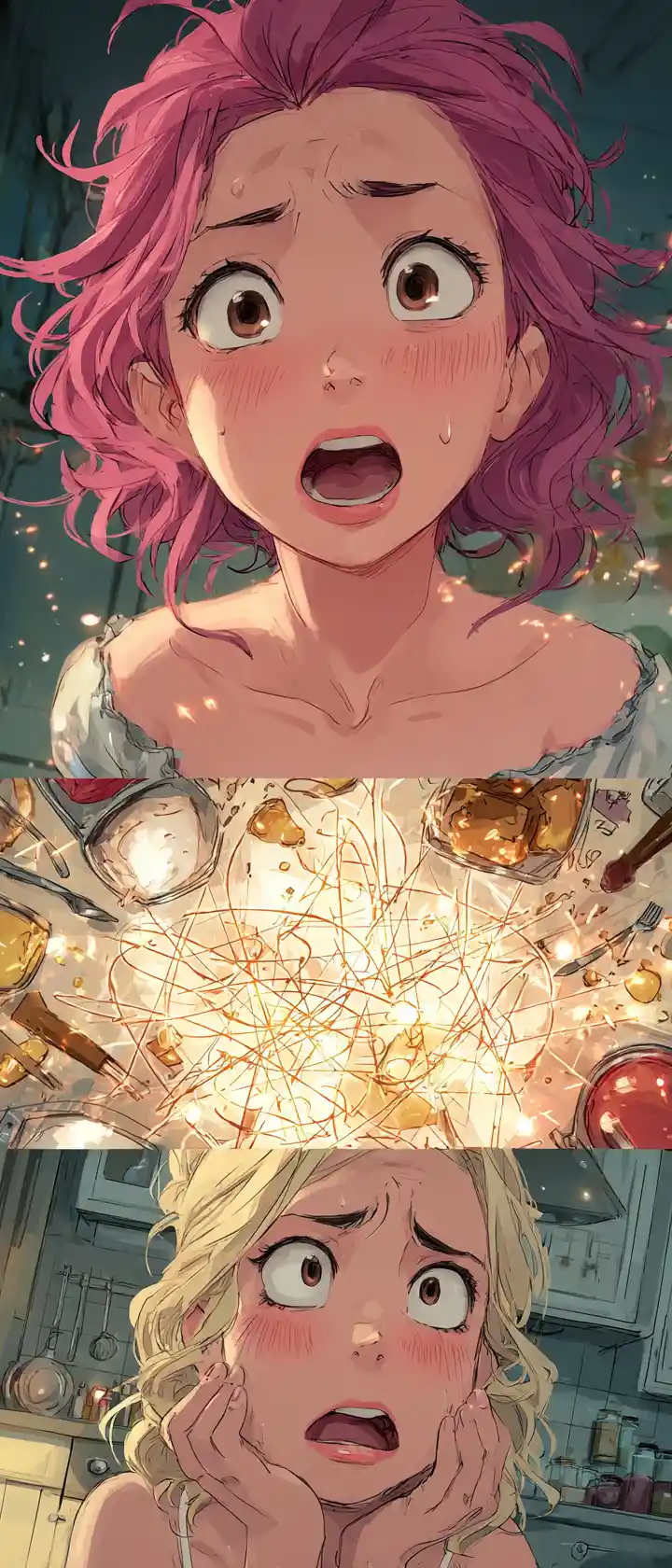 Anime magical girl transformation gag in vertical sequence
