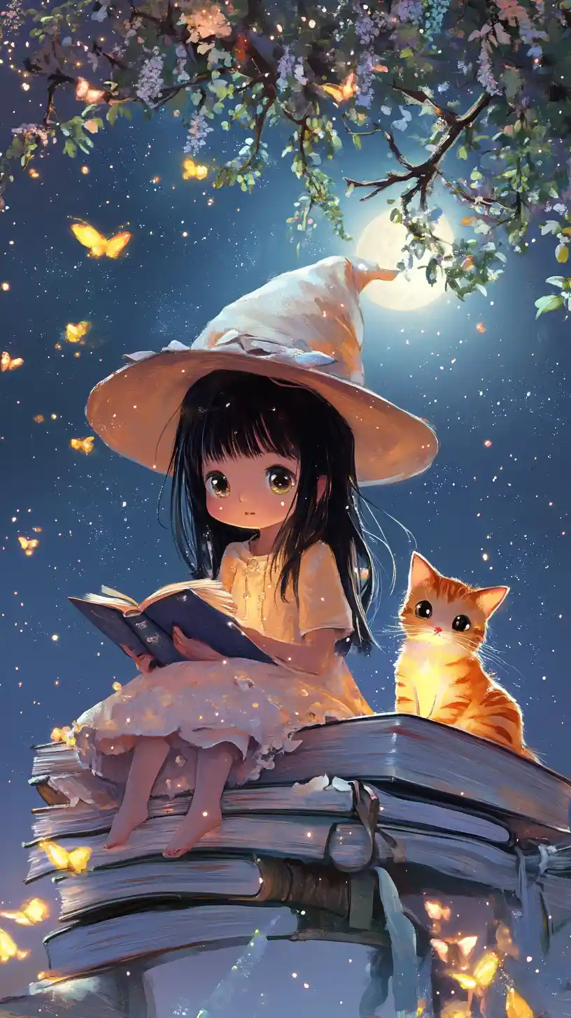 Chibi girl reading with cat on a glowing leaf