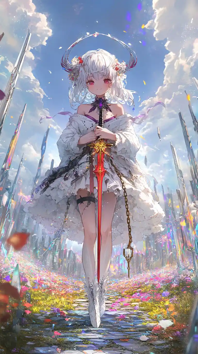 Anime girl walking through a field of crystal flowers