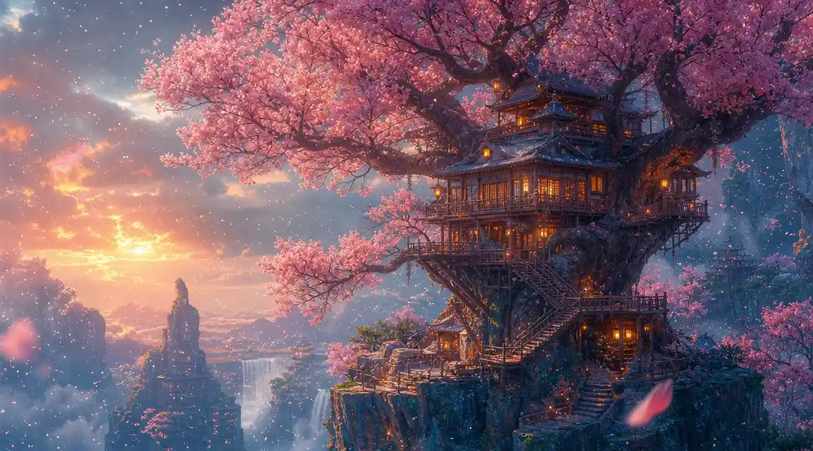 Ornate treehouse in a pink cherry tree on a cliff