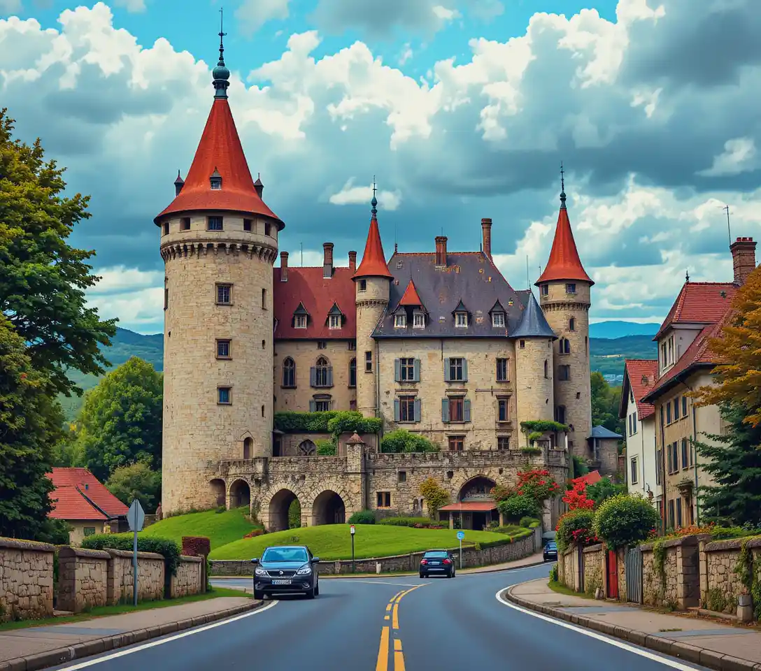 Medieval stone castle above a quiet French village street