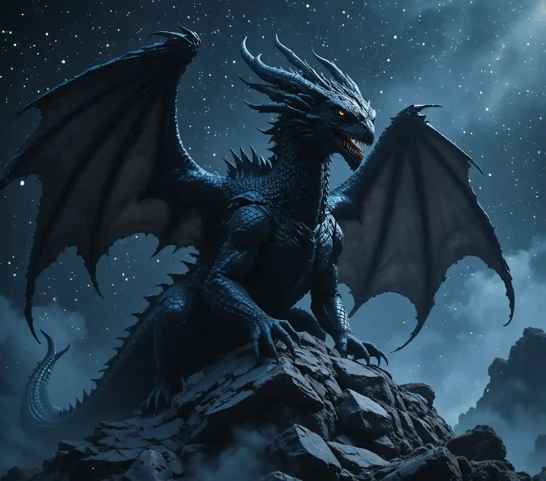 Celestial Black Dragon On A Shattered Asteroid In Space