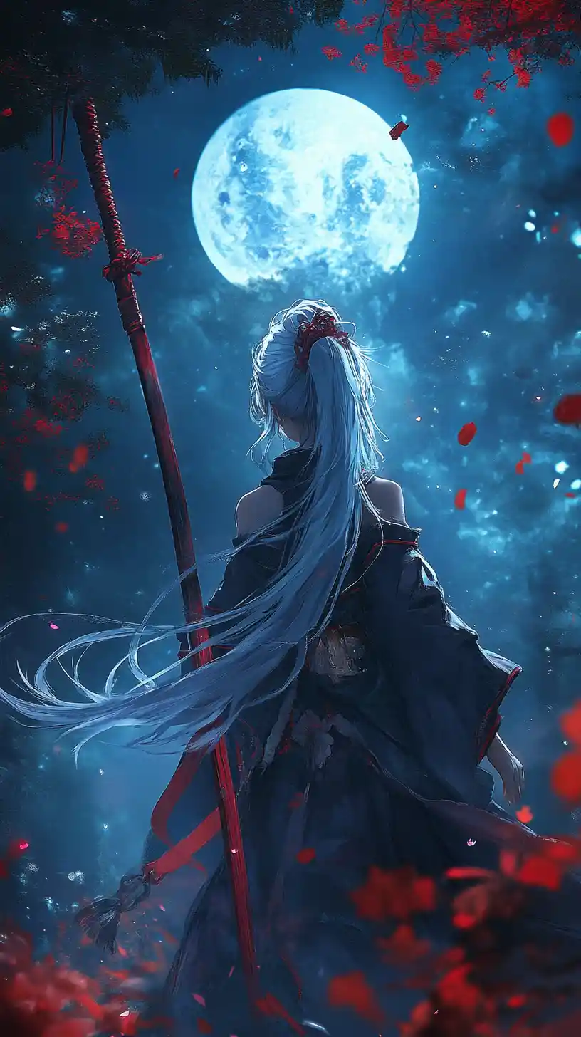 Anime girl running with a spear under the full moon
