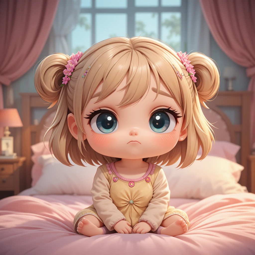 Grumpy Chibi Toddler Girl In A Cozy Bedroom Scene