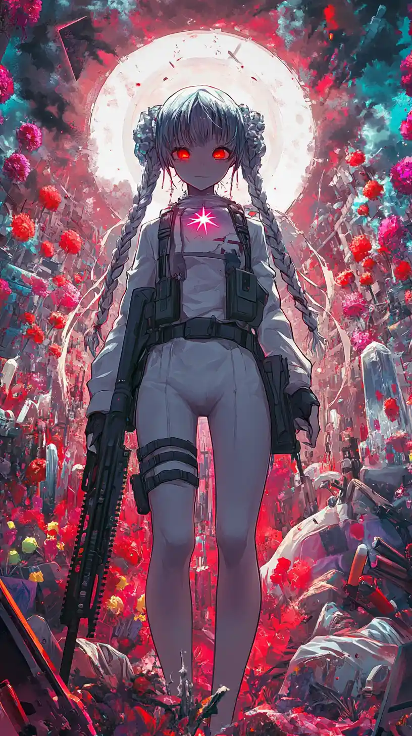 Anime girl in crystal flower field with combat gear