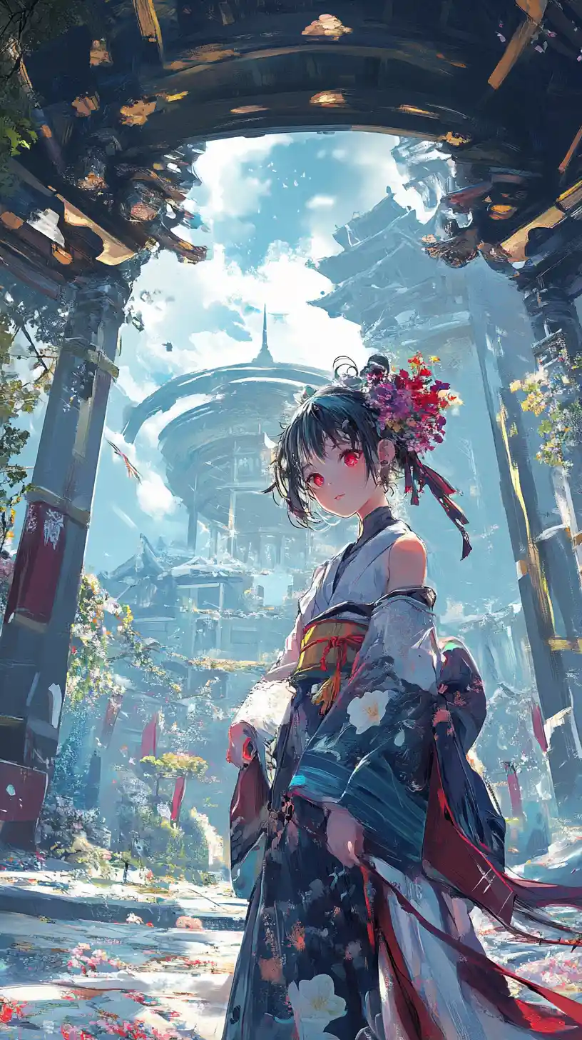 Anime girl walking through a crystal flower fantasy field