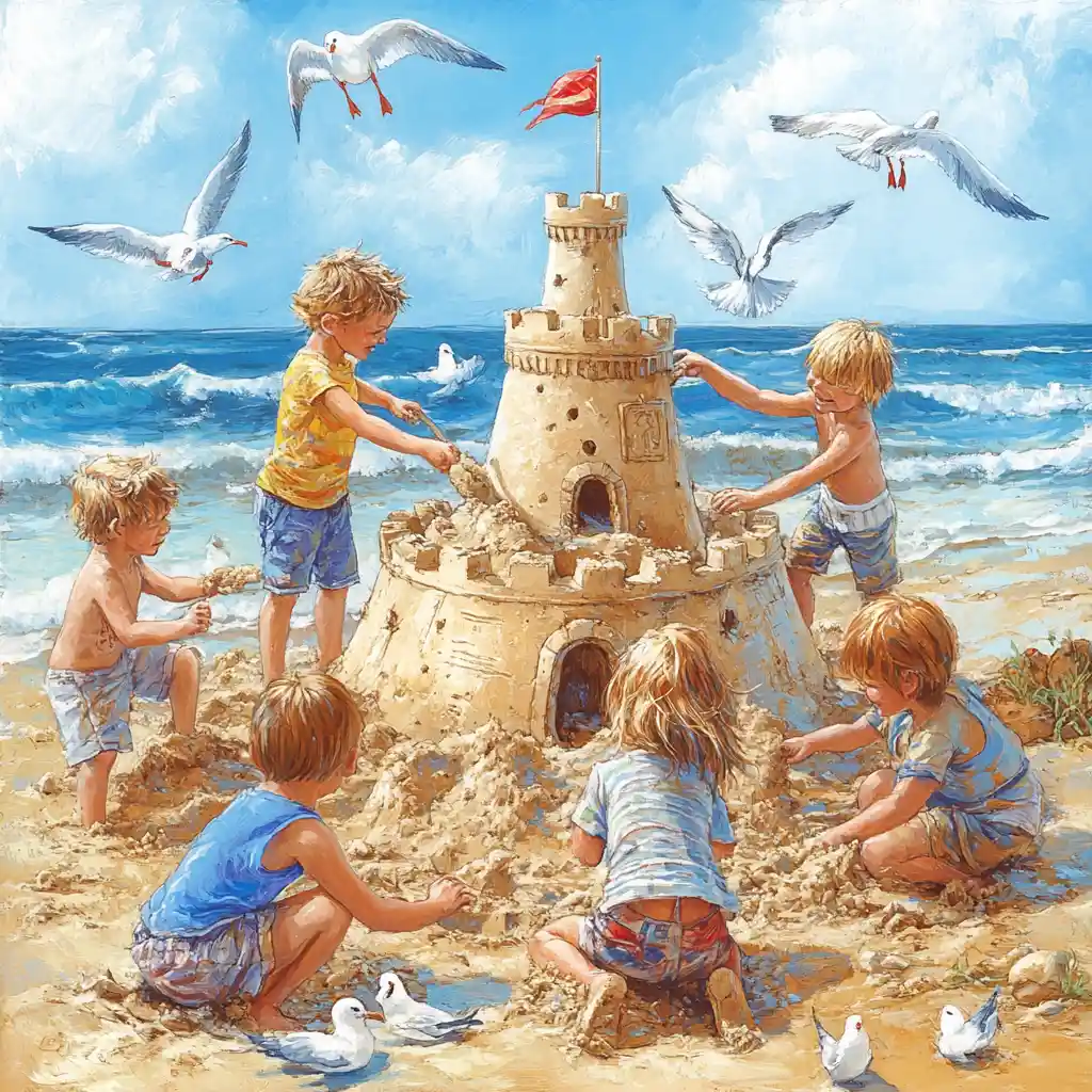 Happy children building a sandcastle on a sunny beach
