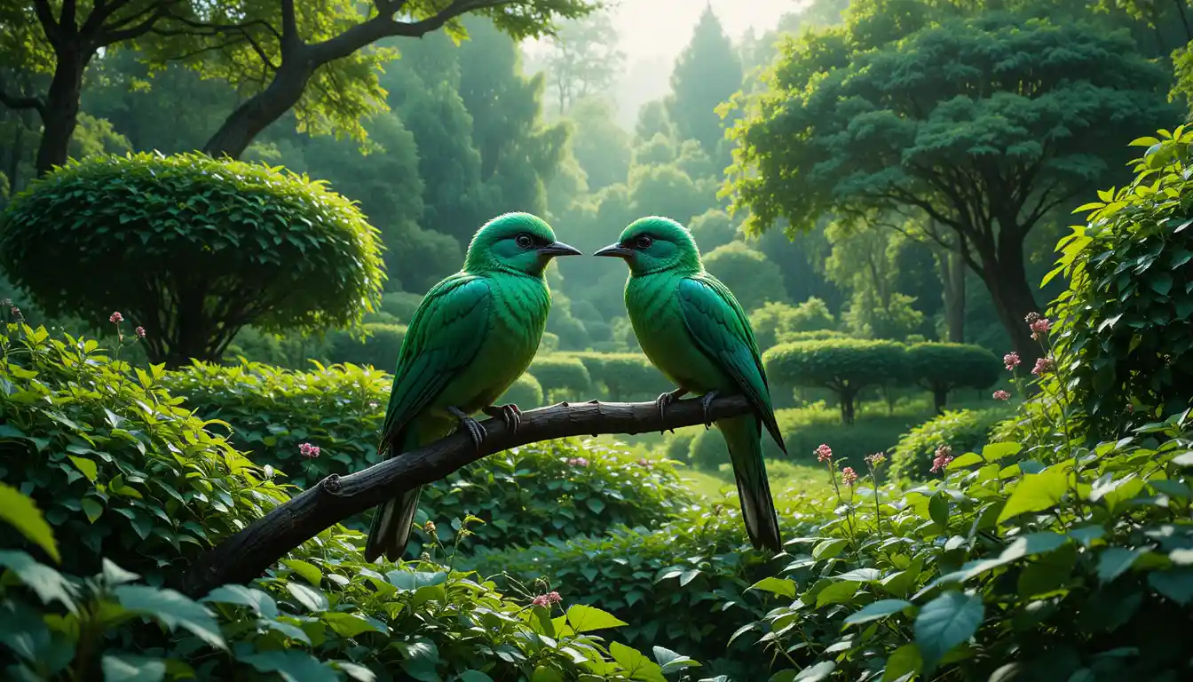 Emerald green birds perched symmetrically in lush garden