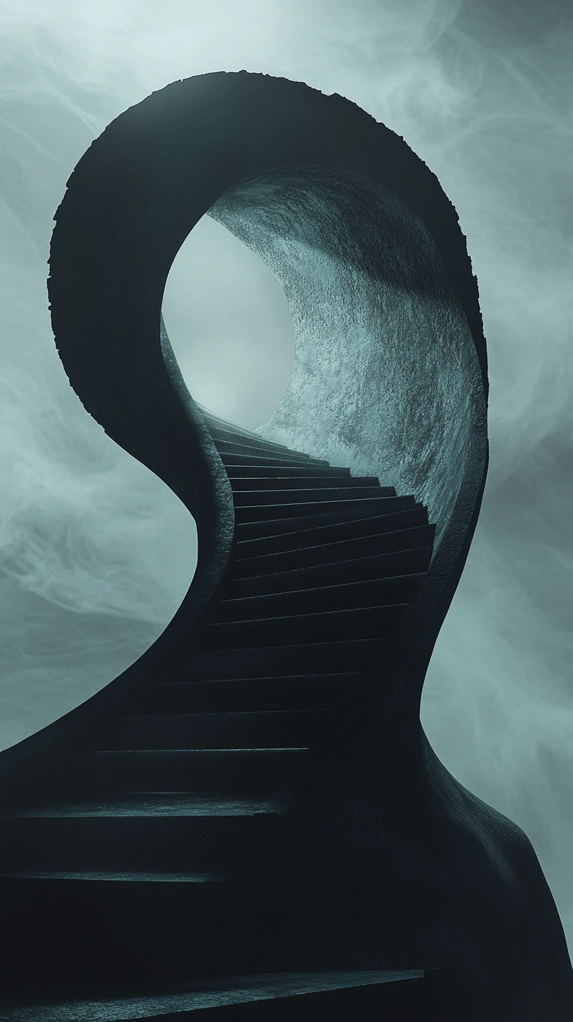 Surreal couture figure with hidden spiral staircase chest