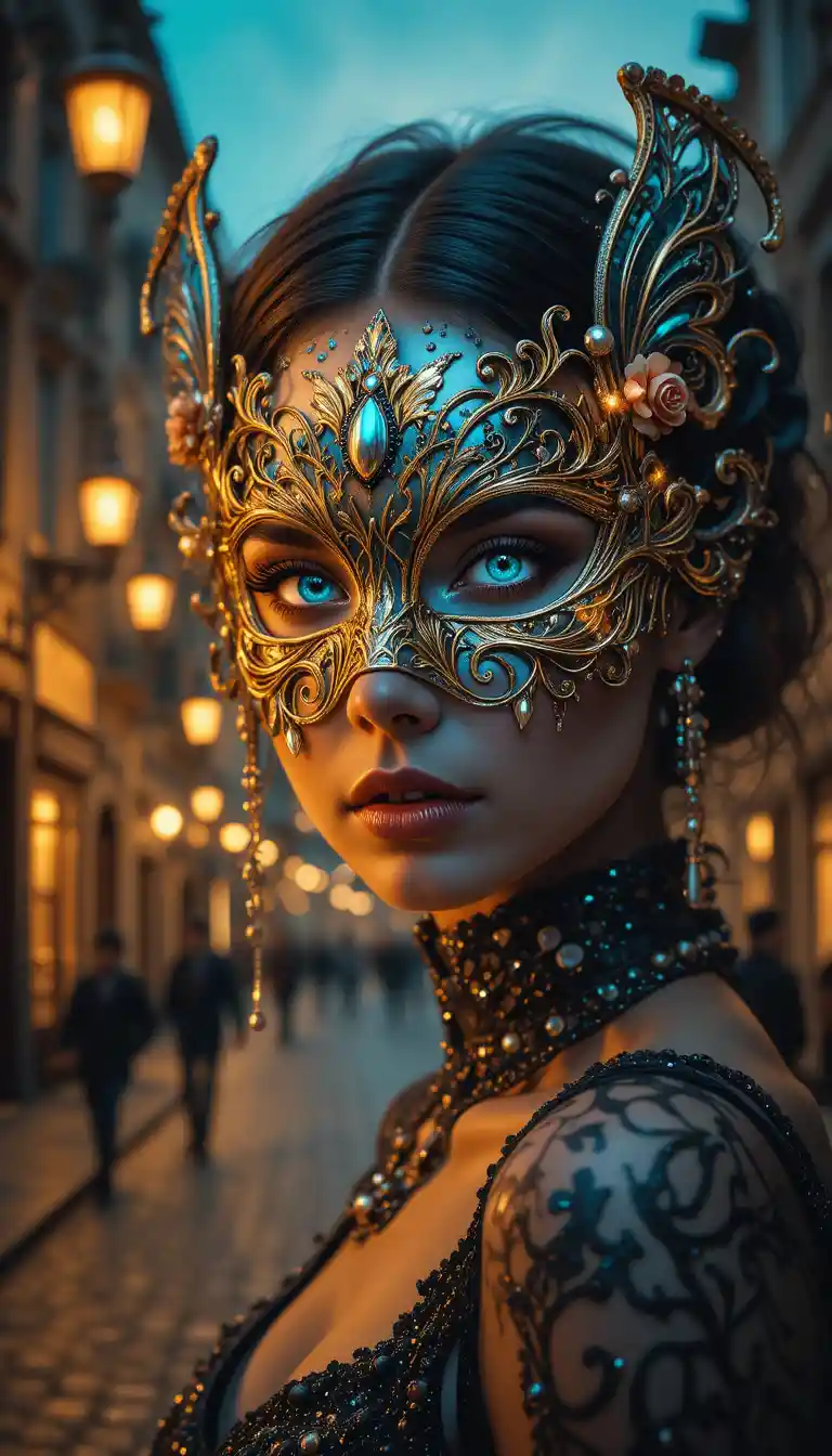 Masked woman with vivid eyes in a glowing city street