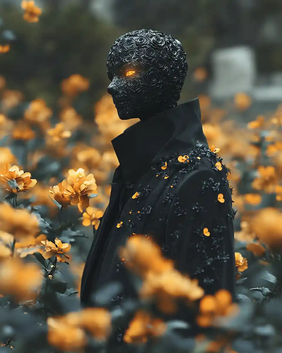 Humanoid flower in a black coat in artificial bloom field