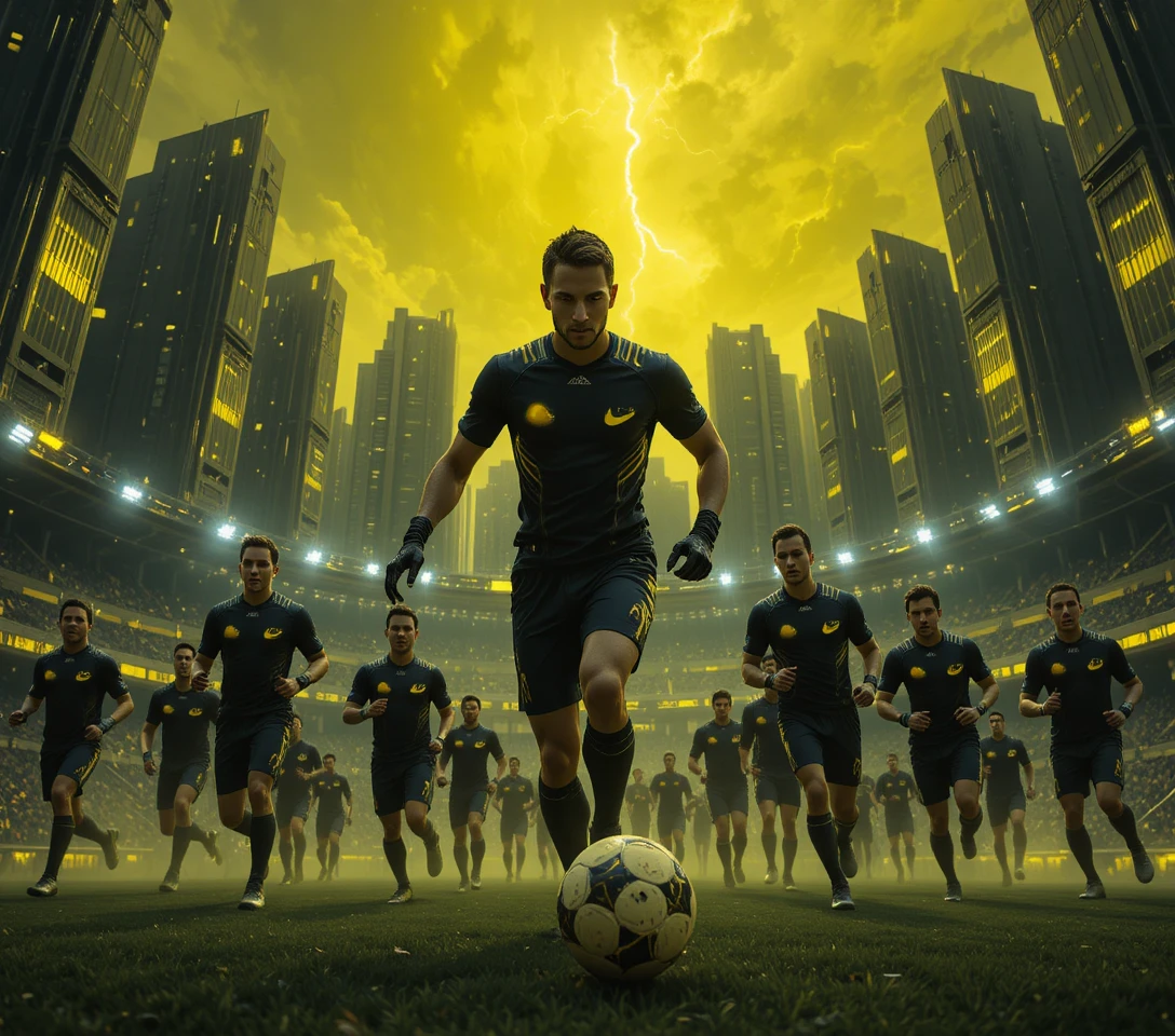 Futuristic Soccer Players Running In Neon City Stadium