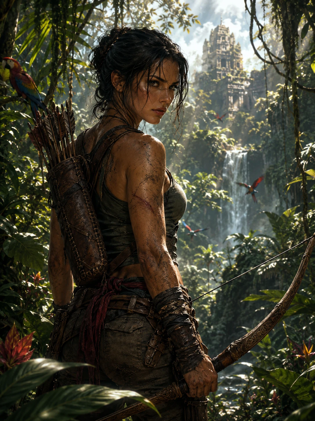 Determined Archer Woman Standing In Dense Jungle