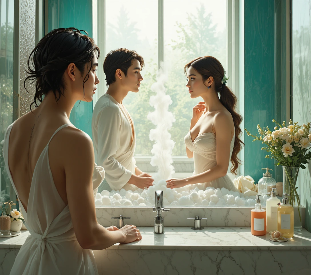 Tender couple in modern bathroom mirror reflection