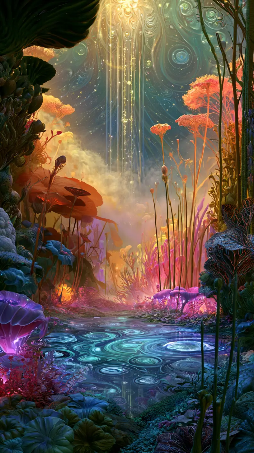 Surreal cosmic garden filled with stars eyes and plants