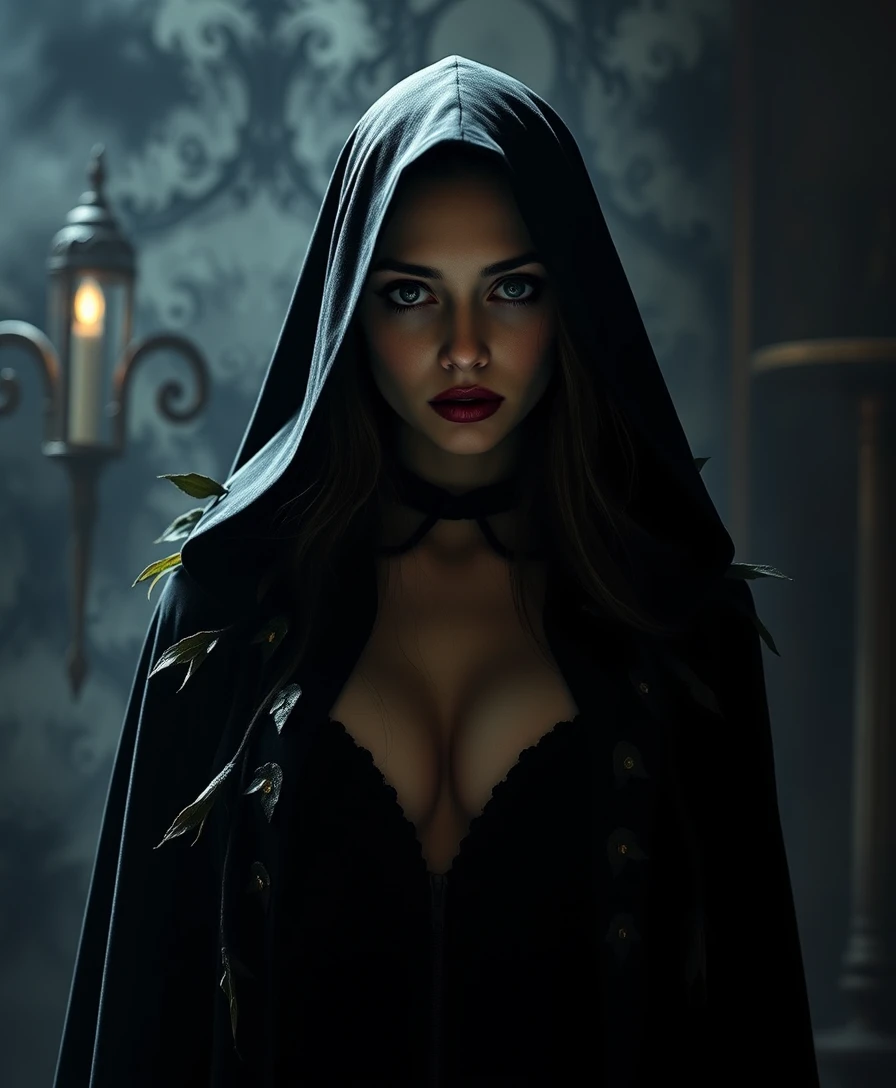 Mysterious witch woman in dark surreal comic environment