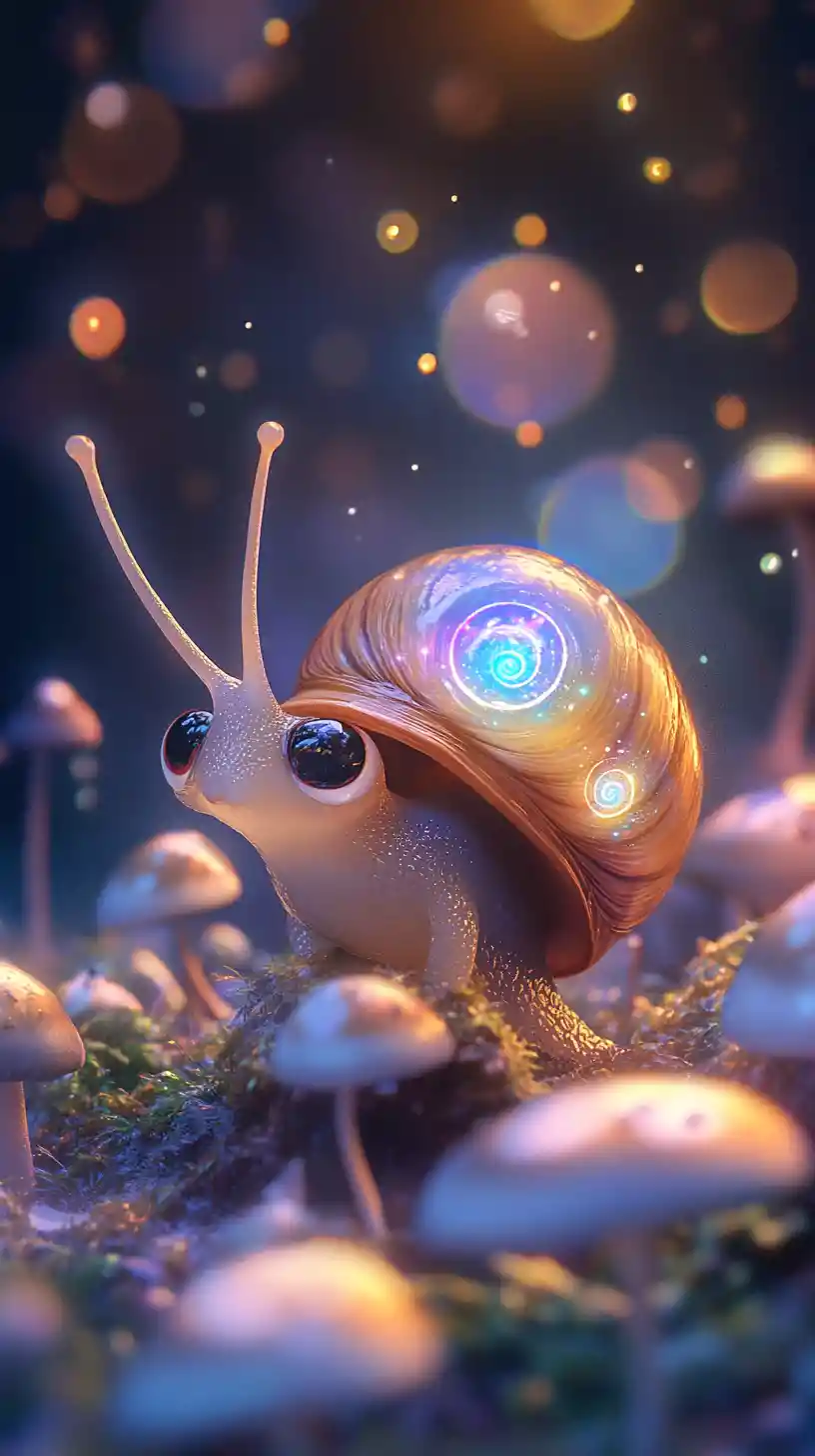 Tiny galaxy snail on glowing mushrooms in fantasy forest