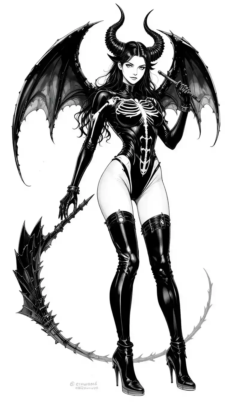 Horned woman in black latex with skeletal design whip