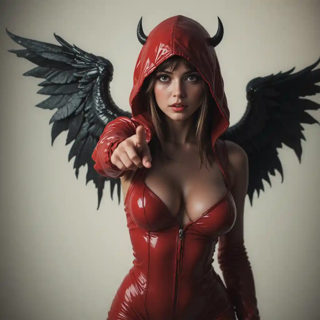 Hooded woman in red latex with dark angel wings