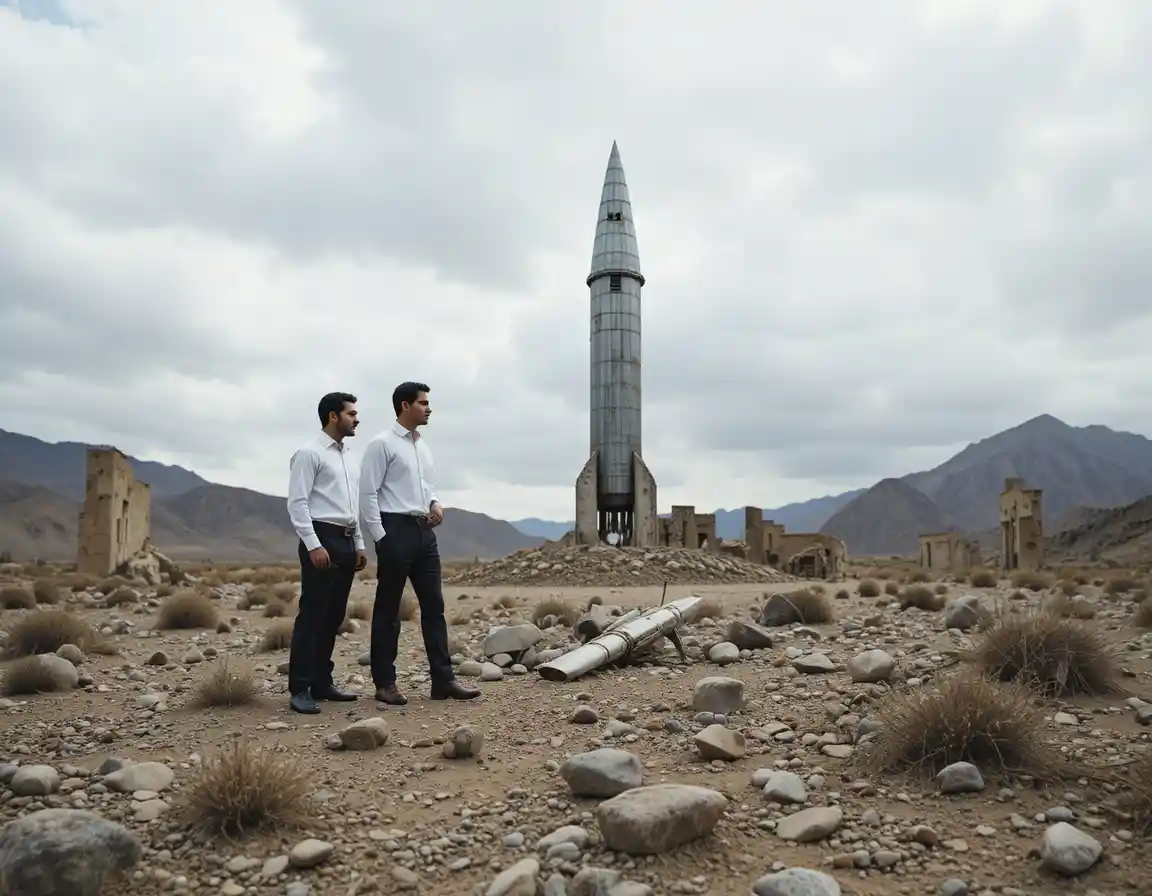 Two men in a barren desert with a vertical missile