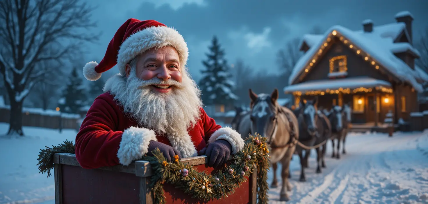 Santa Claus In Sleigh Outside Cozy Suburban House