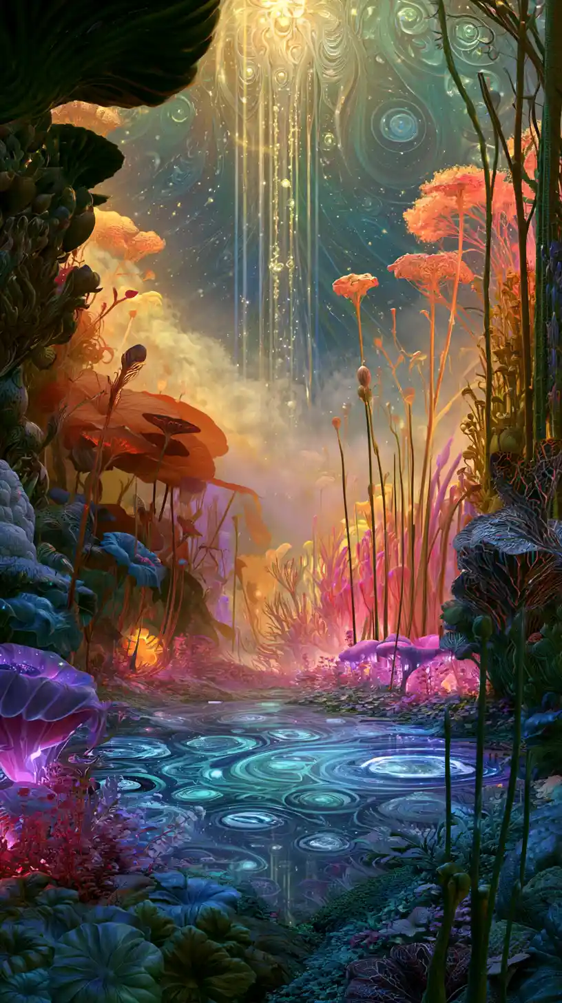 Surreal cosmic garden filled with stars eyes and plants