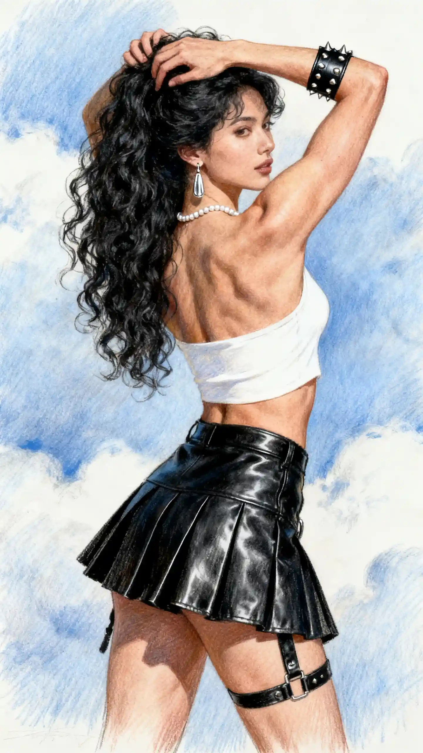 Fit woman adjusting curly hair in traditional illustration