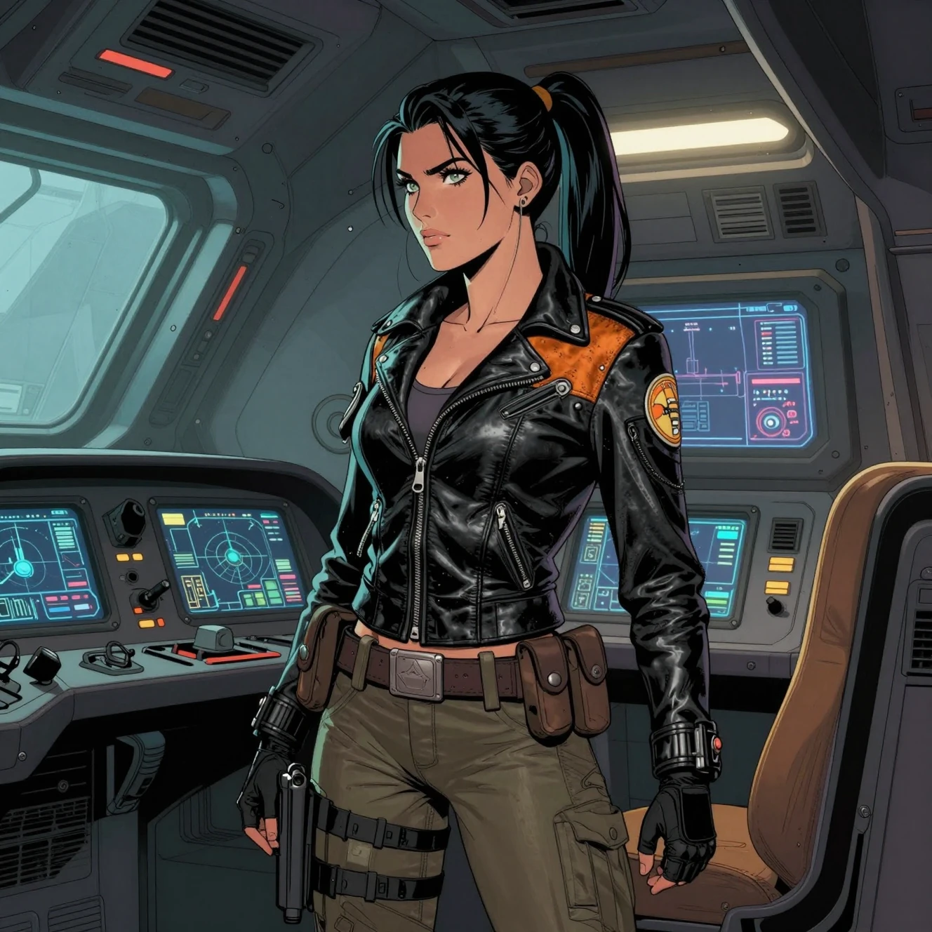 Piloto femenina concentrada en la oscura cabina de una nave espacial