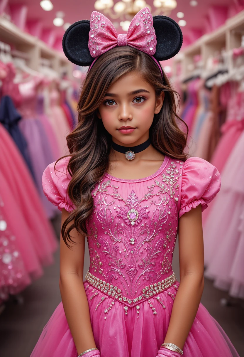 Young princess in pink dress inside a clothing store